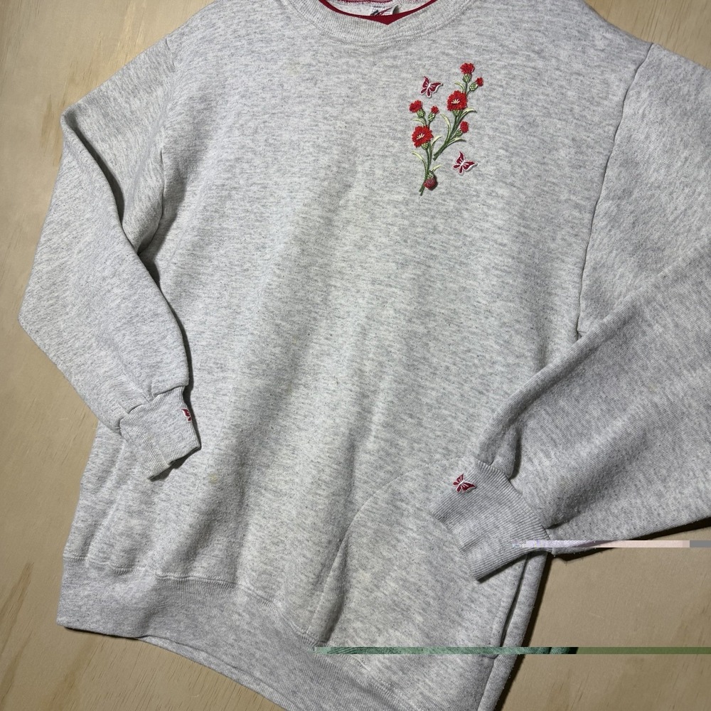 Vintage Jerzees Women Large 42-44 Gray Floral Embroidered Crewneck Sweatshirt